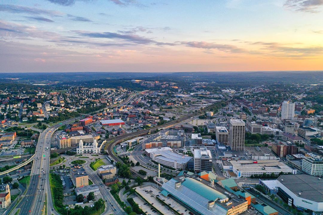 drone shot of downtown worcester, MA photo by Instagram user @sustainablecomfort