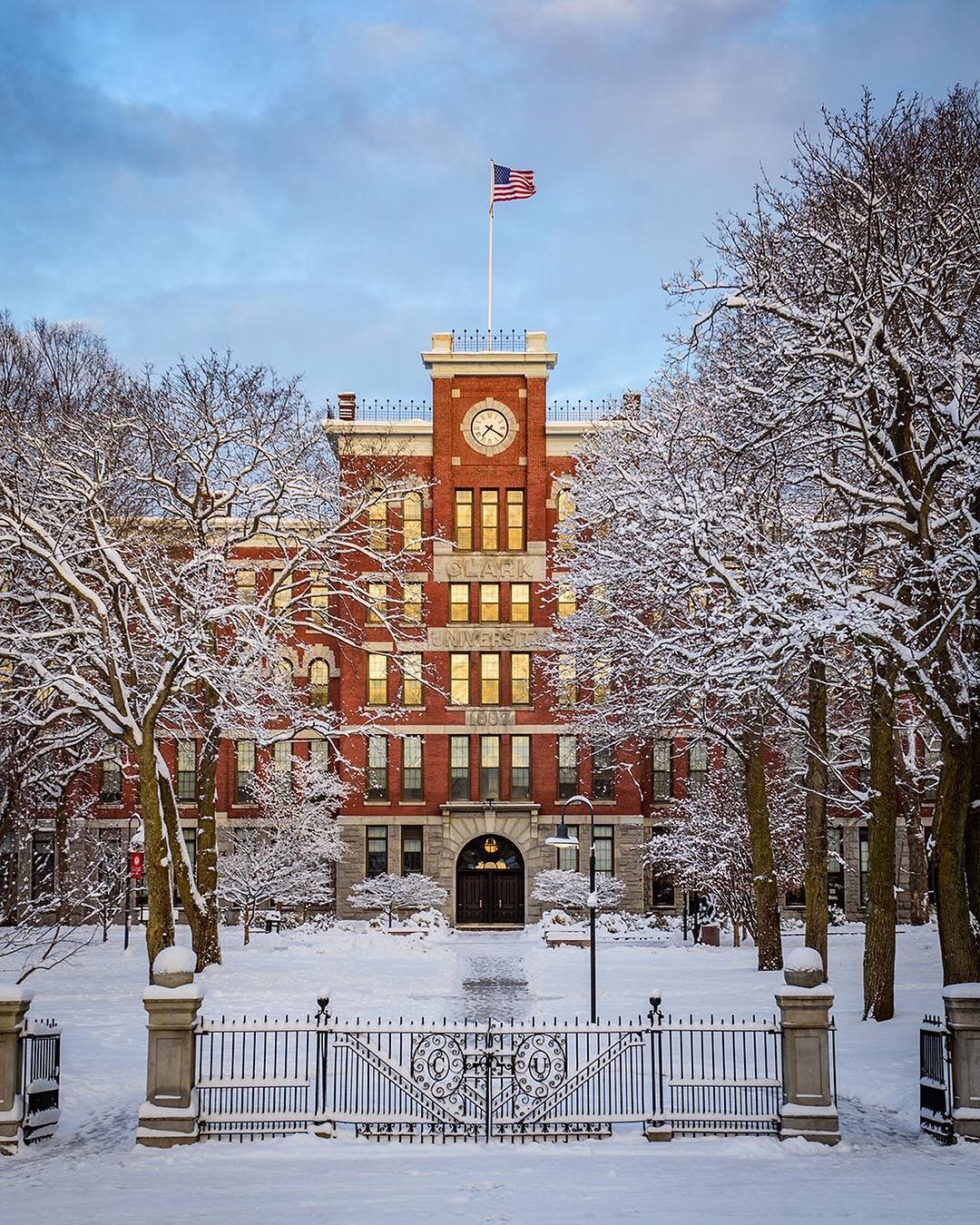 winter photo of Clark University in Worcester, MA with snow on the ground photo by Instagram user @clarkuniversity
