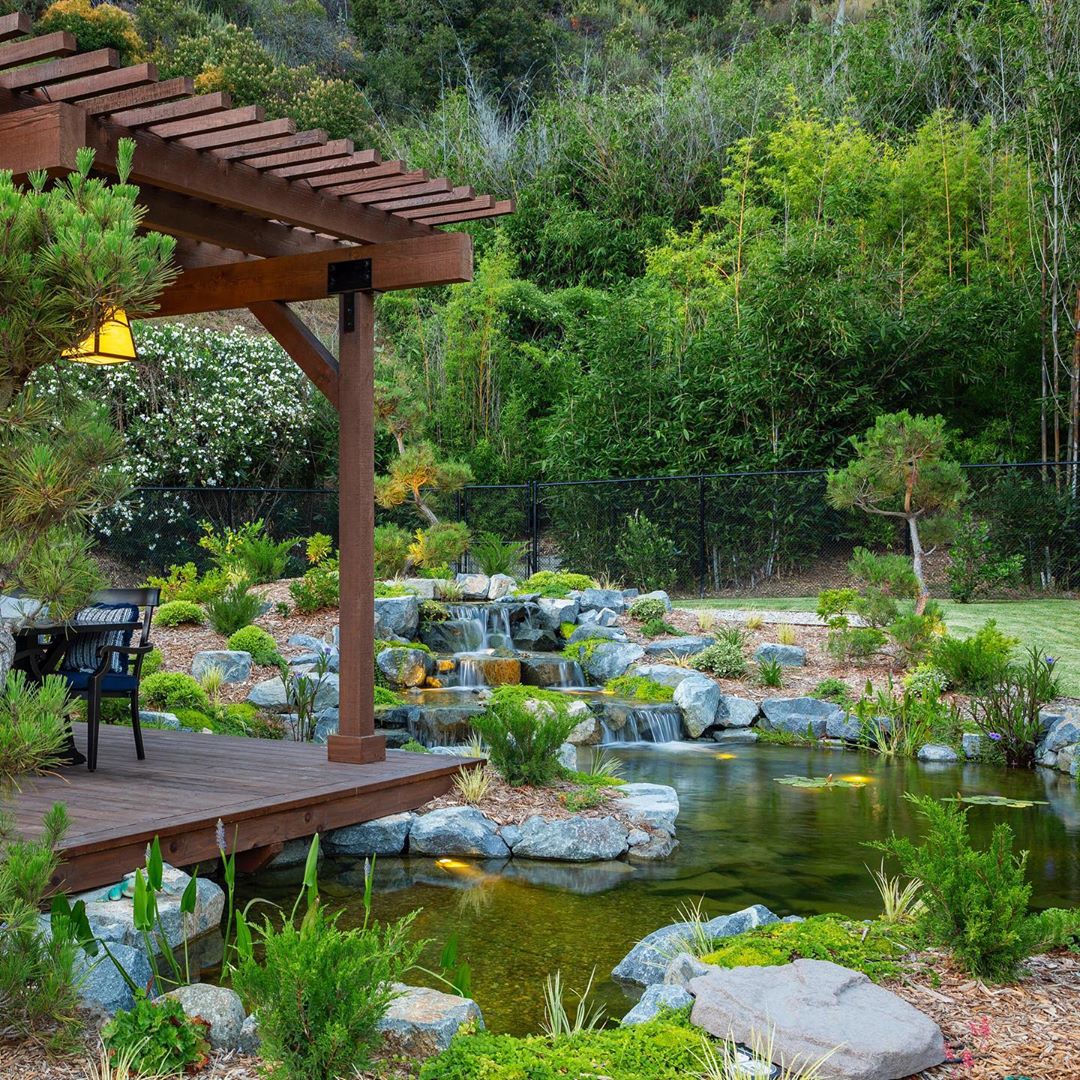 backyard pond with large pergola over the top of it photo by Instagram user @californiawaterscapes