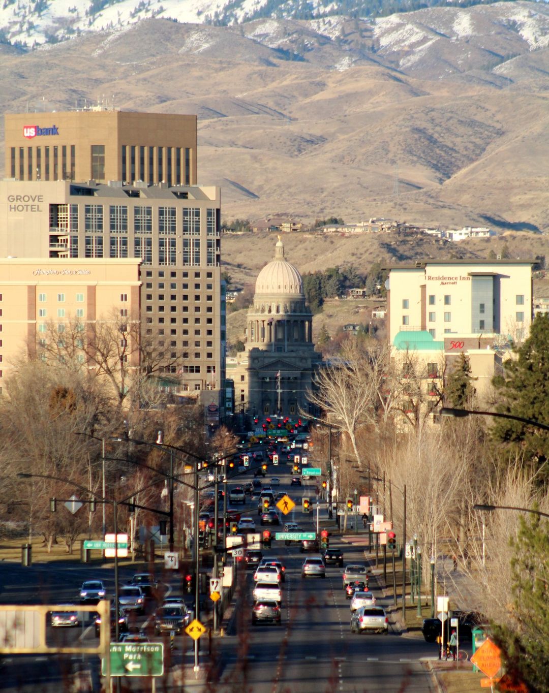 Skyline shot of Boise, ID with capitol building in the distance. Photo by Instagram user @davenackers