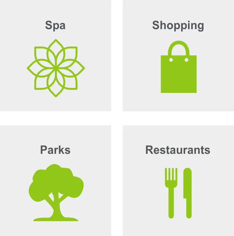 Activities in Green Valley South include a spa, shopping, parks, and restaurants. 