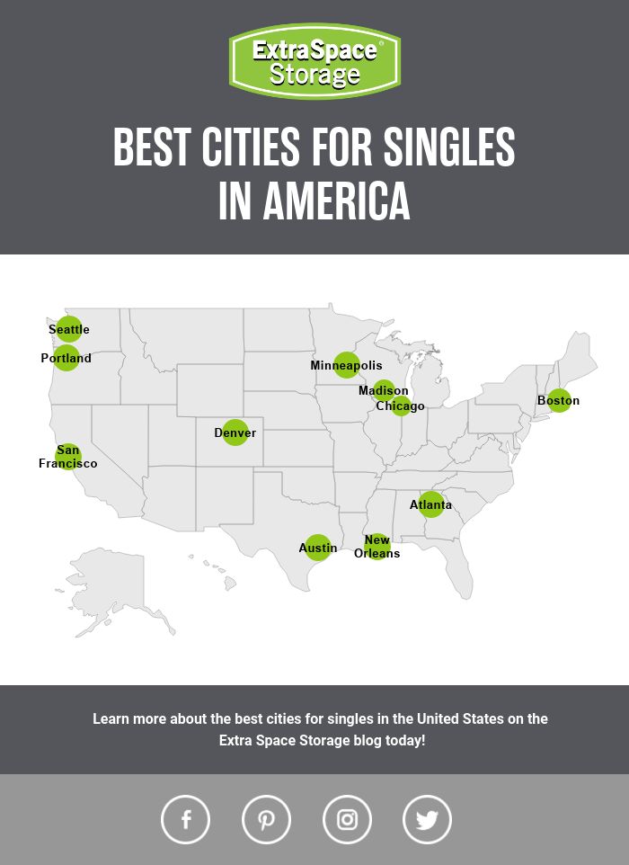 Map of the Best Cities to Live in America for Singles: Extra Space Storage