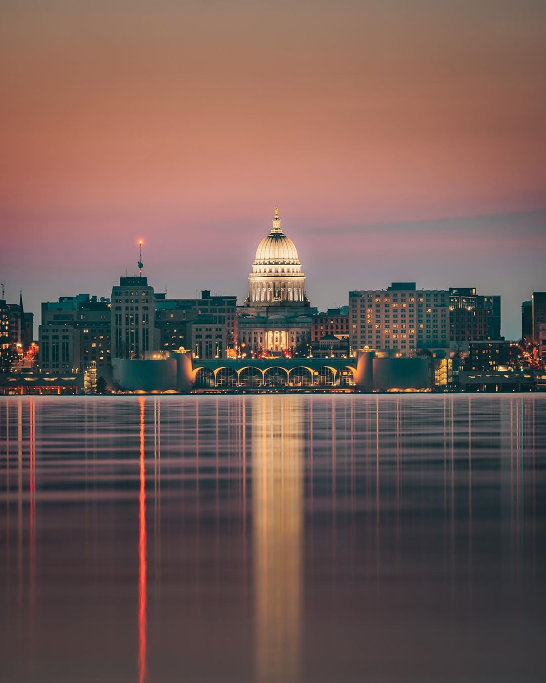 Wisconsin Capital Building in Madison and Downtown from Lake Monona. Photo by Instagram user @samuelli