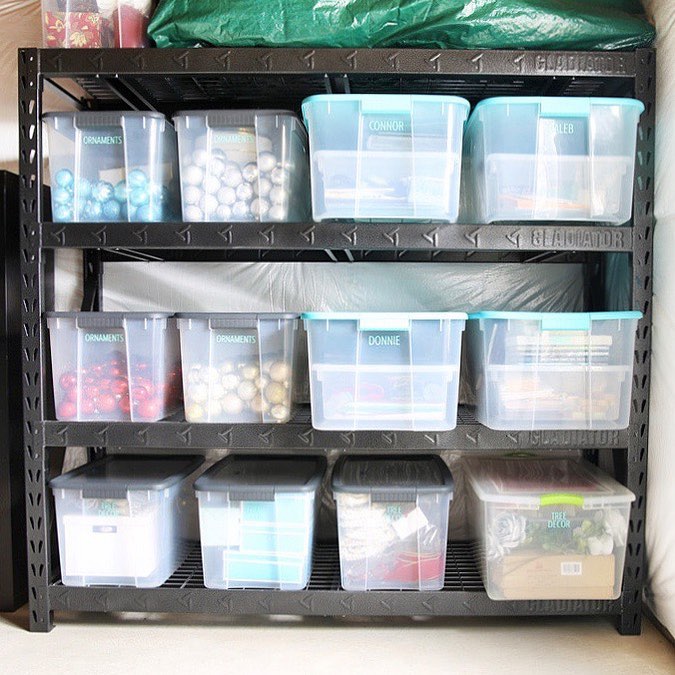 basement storage space with metal shelves and storage bins photo by Instagram user @abbyorganizes