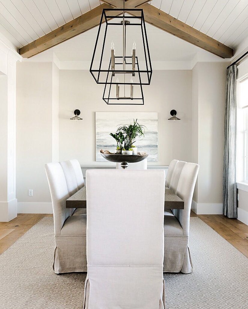 dining room with shiplap and fake wood beams added to the ceiling photo by Instagram user @hgtvconfessions