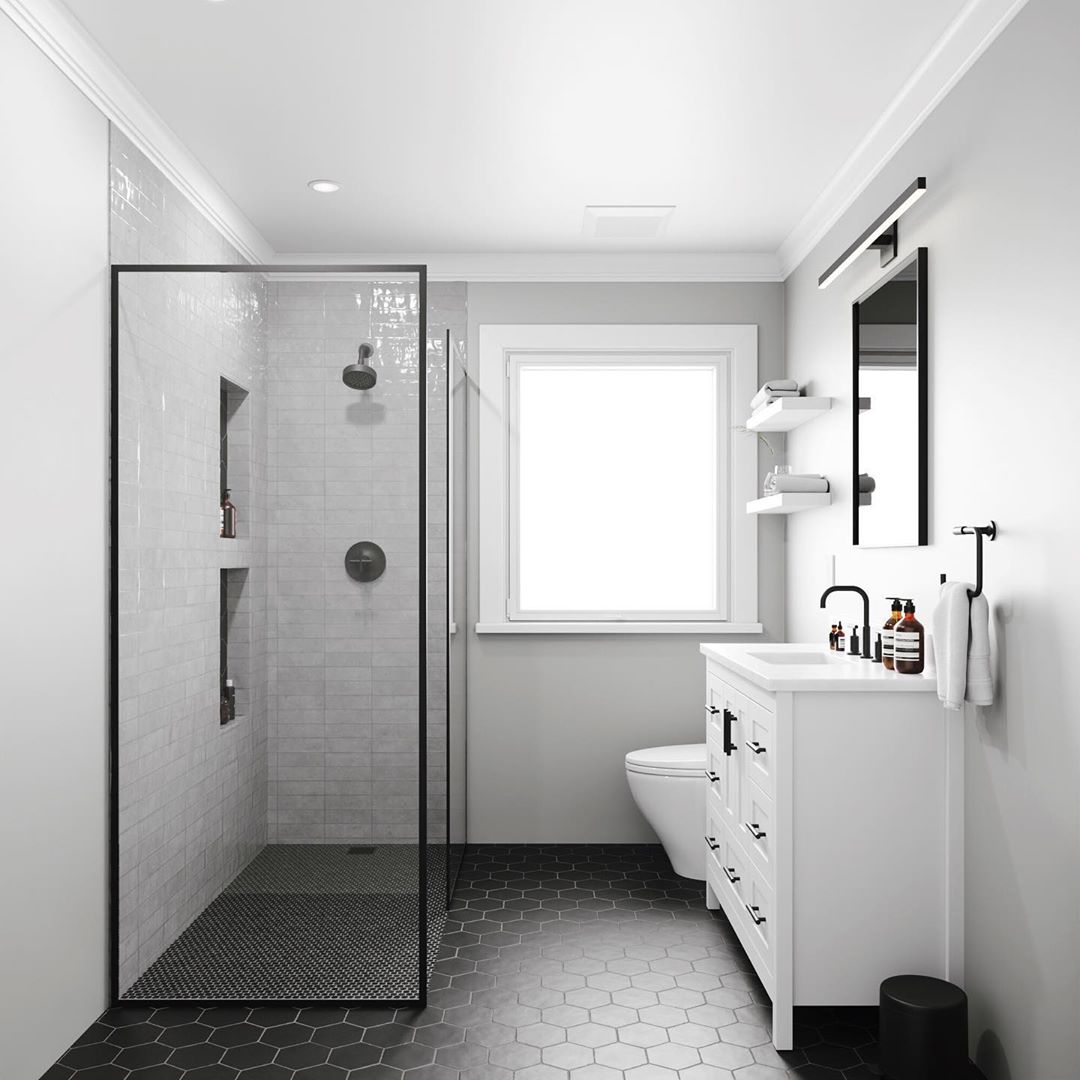 modern bathroom with no tub and shower stall photo by Instagram user @maderenovation