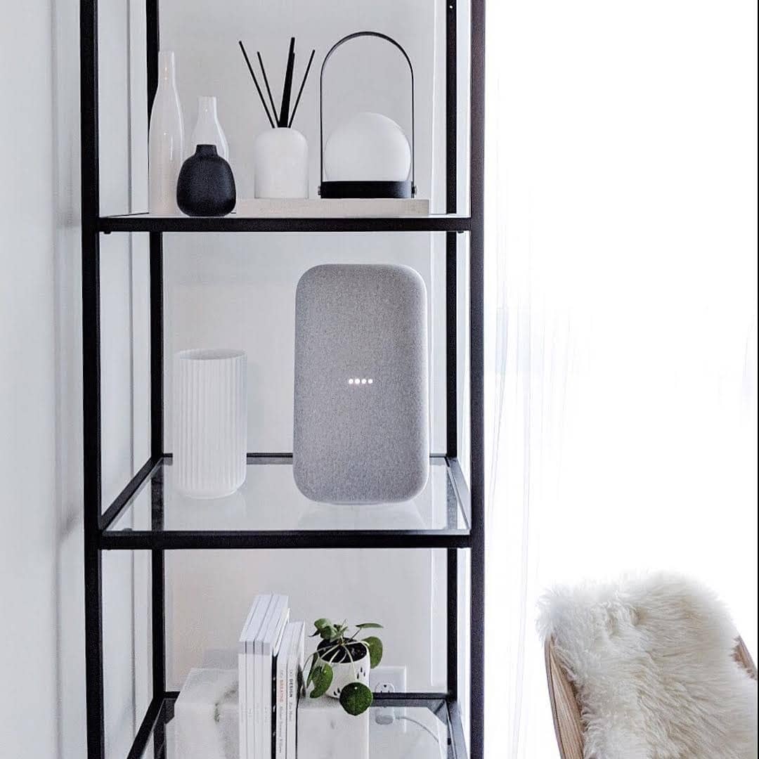 tall google home speaker on a shelf photo by Instagram user @madebygoogle