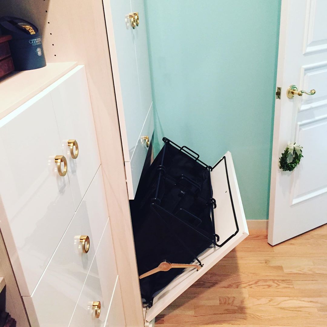 Tilt Out Laundry Hamper in Closet. Photo by Instagram user @designyourhappyspace