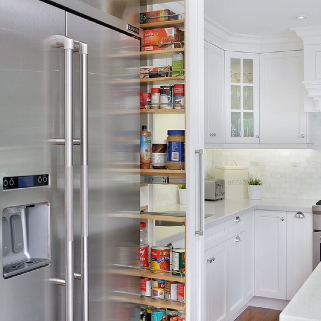 Hidden pull out pantry next to the fridge. Photo by Instagram user @accountablepropertymanagement