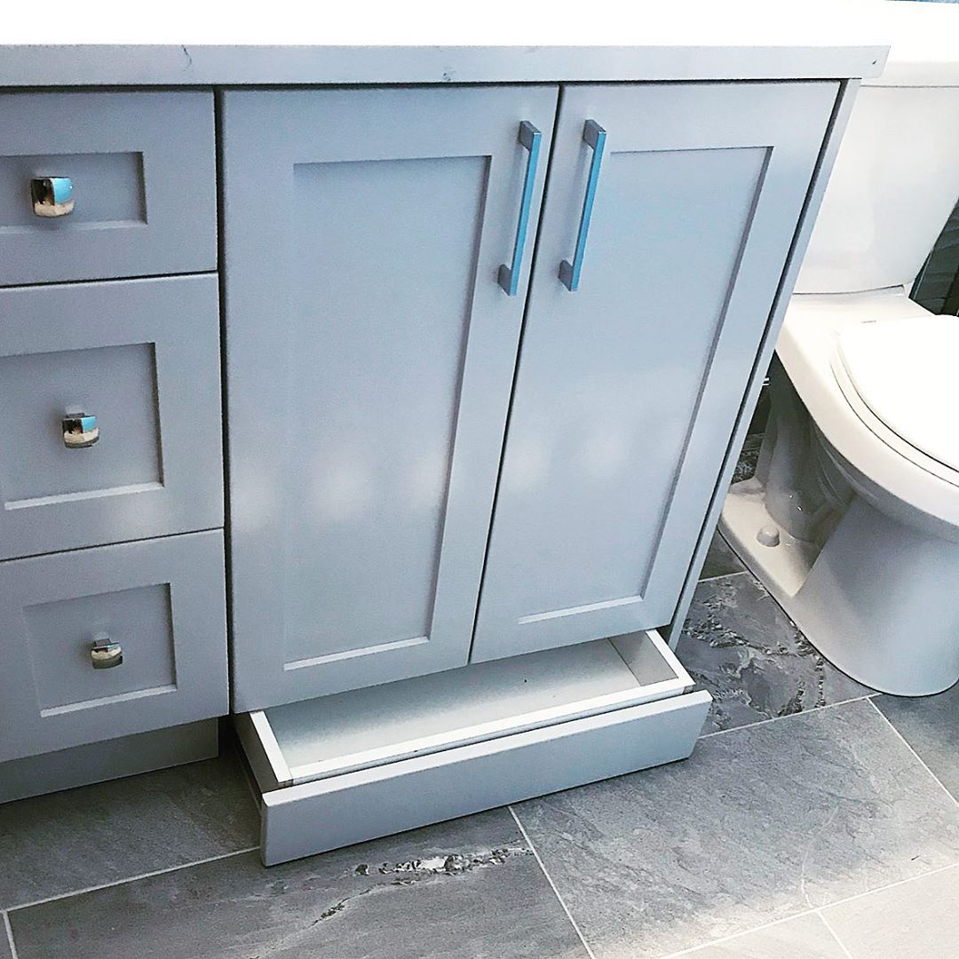 Toe Kick Drawer Added Beneath Bathroom Vanity. Photo by Instagram user @homebath.ca