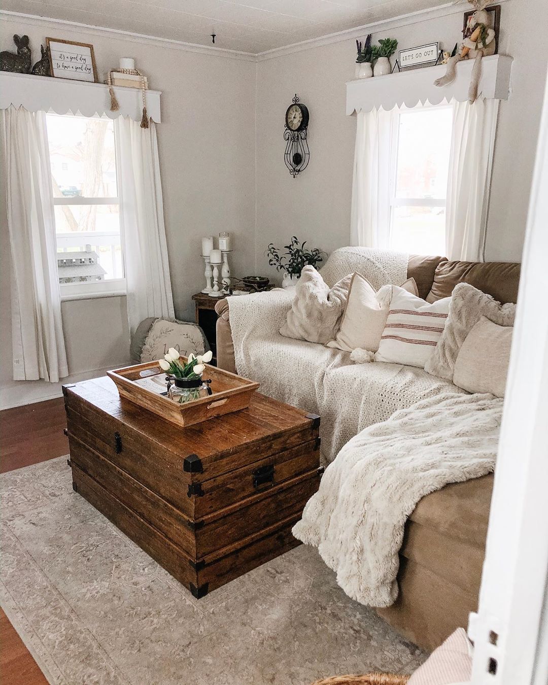 Storage Trunk Used as a Coffee Table in Living Room. Photo by Instagram user @ourhomedays