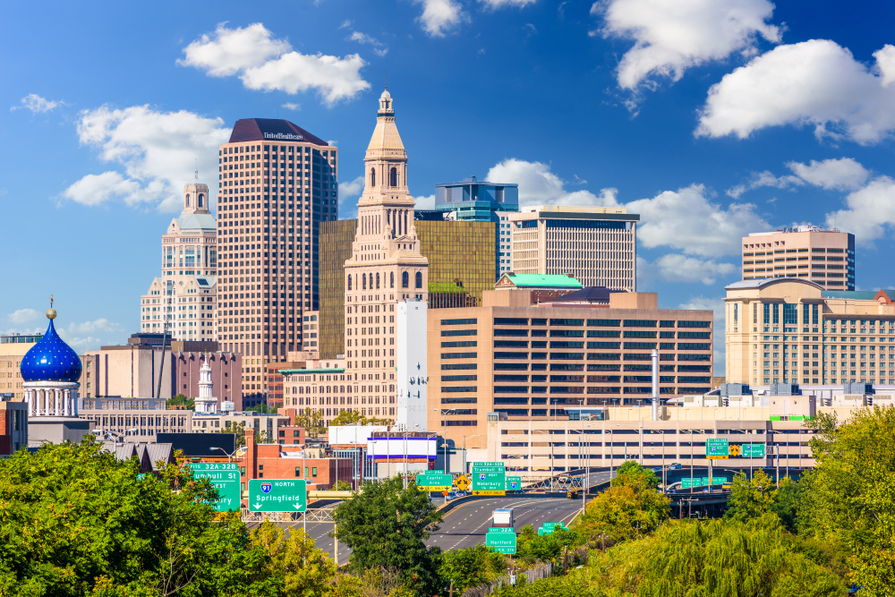 Skyline View of Downtown Hartford, CT in Daytime
