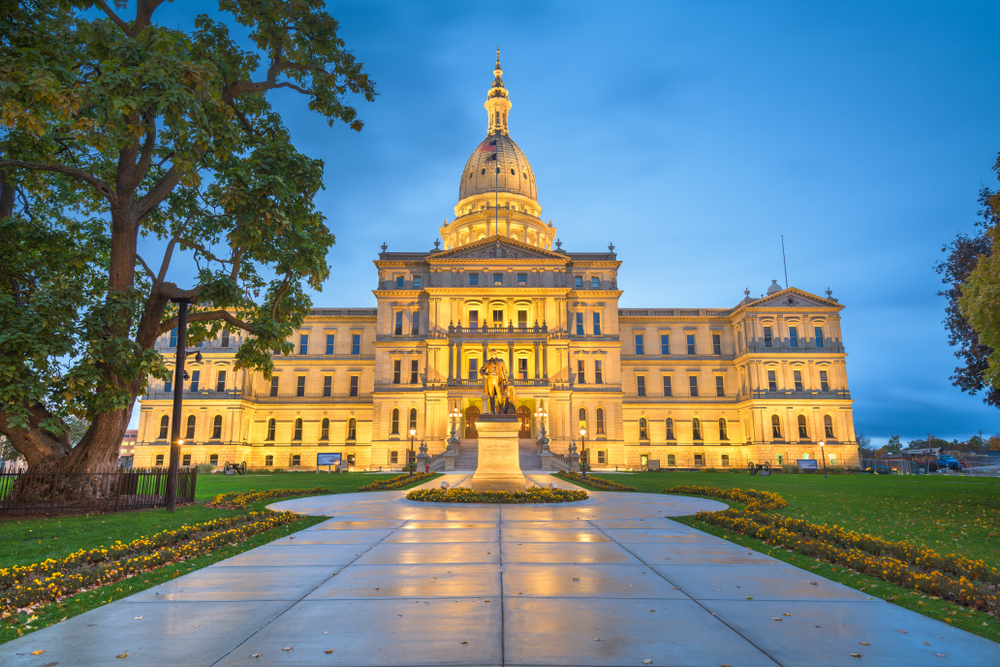 Photo of the Michigan Statehouse in Lansing, MI at Dusk.