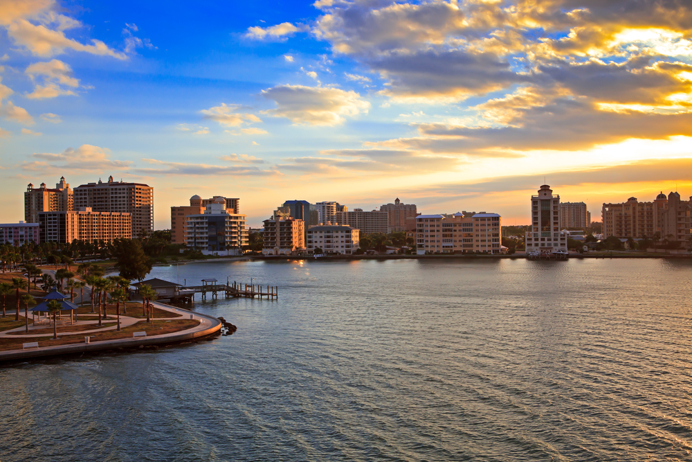 Sarasota, FL skyline at sunset