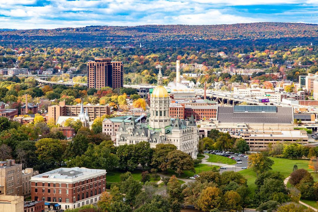 Arial View of the Connecticut State Capitol Building in Hartford. Photo by Instagram user @dres_c