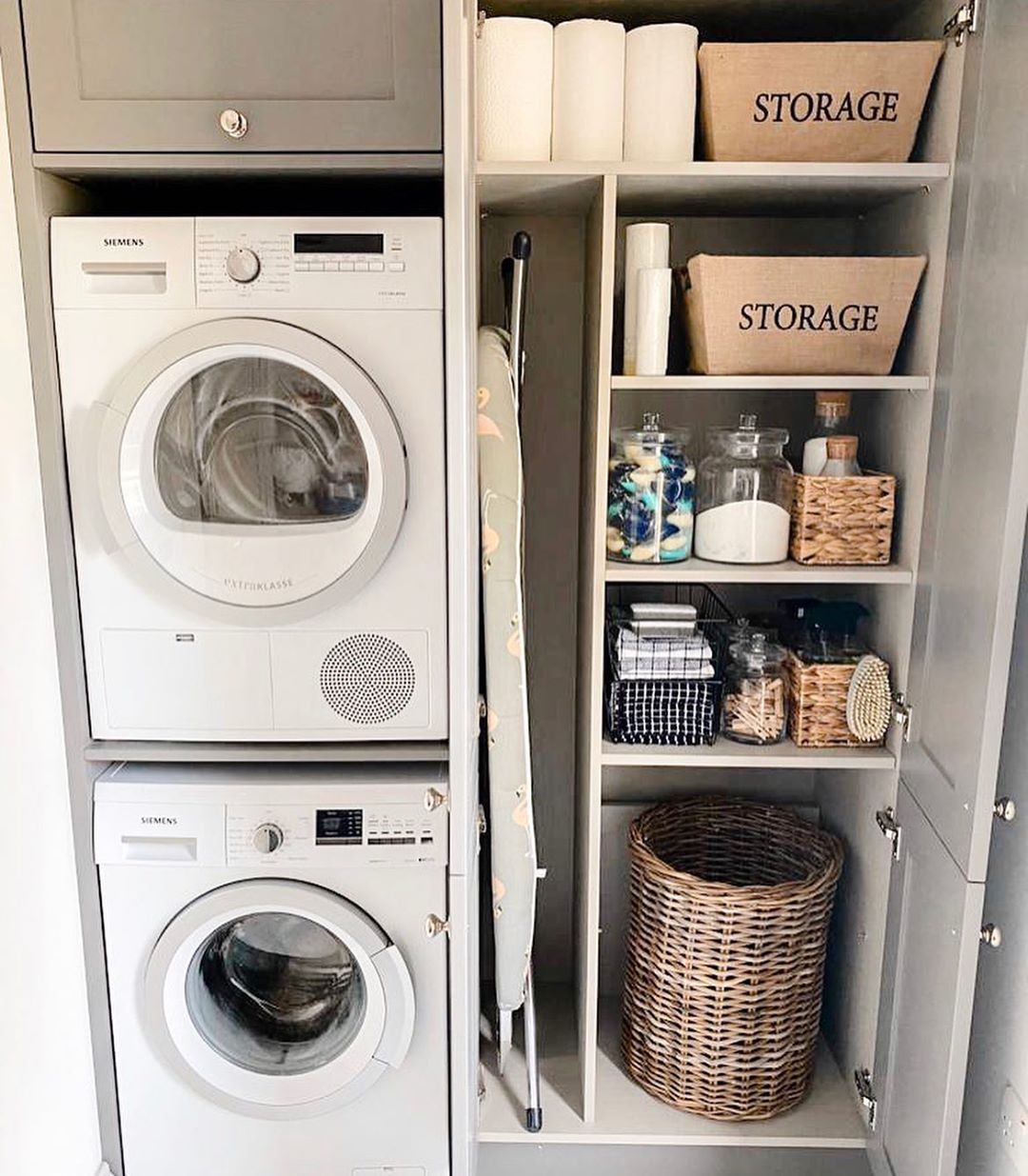 Laundry Closet Set up with Stacked Washer and Dryer. Photo by Instagram user @berkshire.build