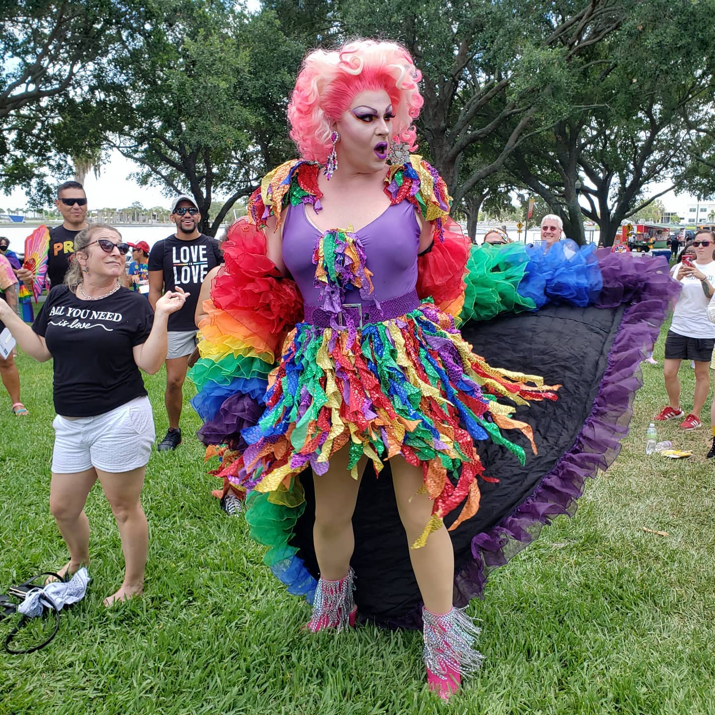 Pink Haired Performer with Rainbow Dress at Pride Parade. Photo by Instagram user @stpetepride