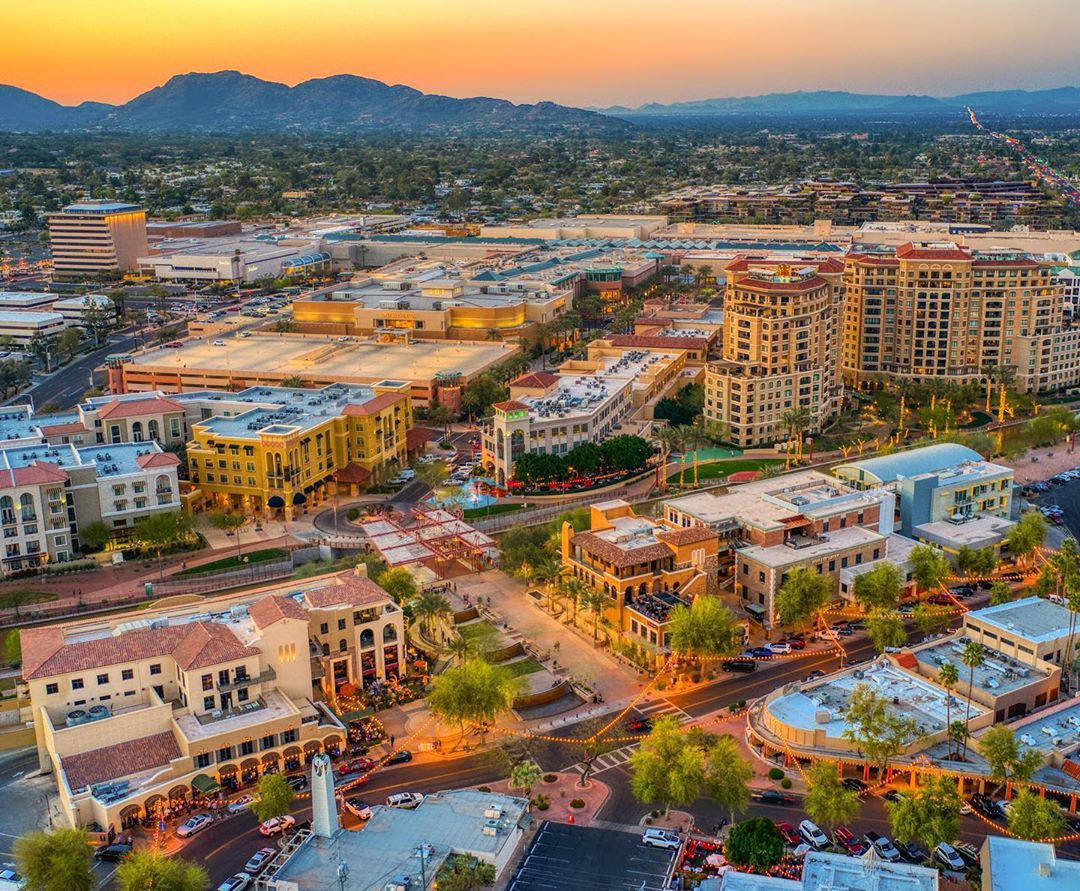 Aerial View of Downtown Scottsdale, AZ at Sunset. Photo by Instagram user @antsdrone
