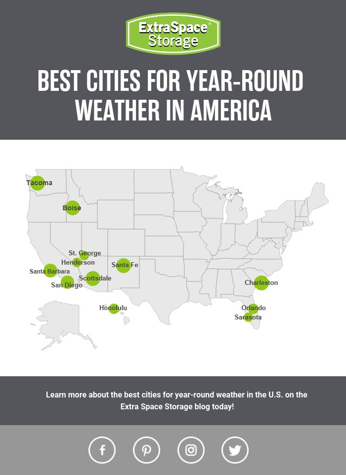 Map of the United States Showing the Best Cities for Year-Round Weather to Live in America: Extra Space Storage