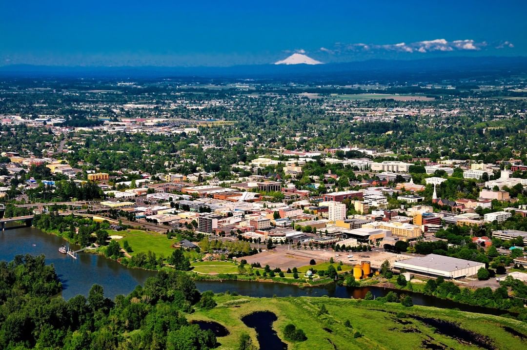 Aerial View of Downtown Salem, OR with Mountain in the Background. Photo by Instagram user @cityofsalemoregon