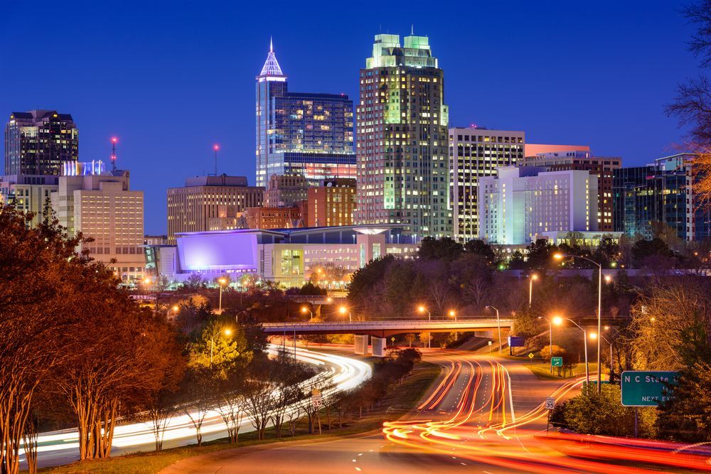 skyline view of downtown Raleigh at night