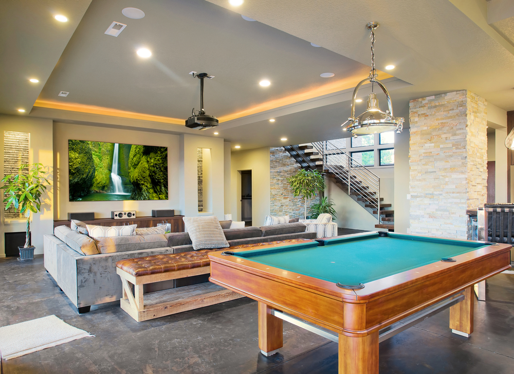 Basement Man Cave with Large TV and Pool Table