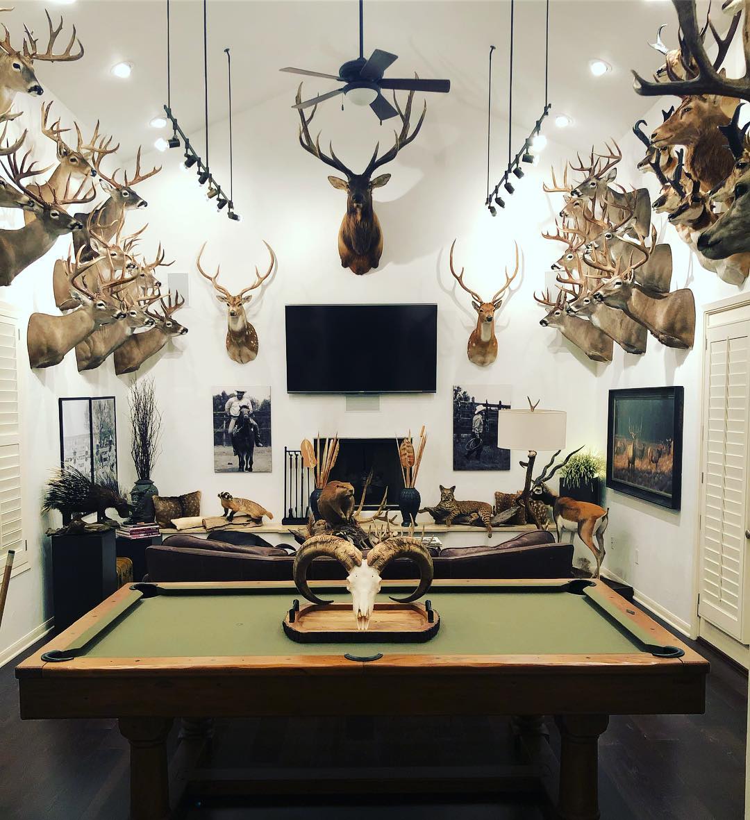 Big Game Trophy Room with Pool Table and Large TV on the Wall. Photo by Instagram user @winn_adami91