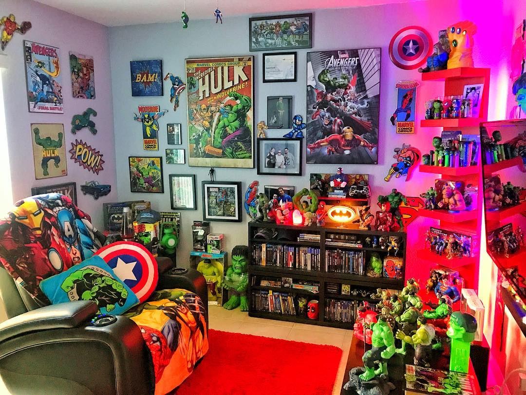 Man Cave with Lots of Comic Book Memorabilia On the Walls. Photo by Instagram user @josephburkearts