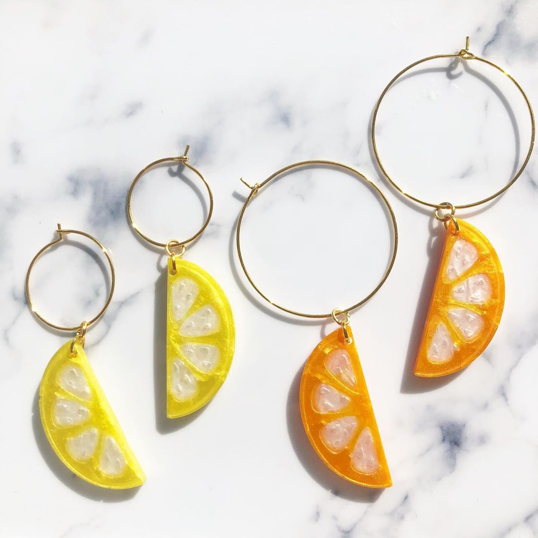 Handmade Lemon and Orange Earrings. Photo by Instagram user @jessadamsdesign