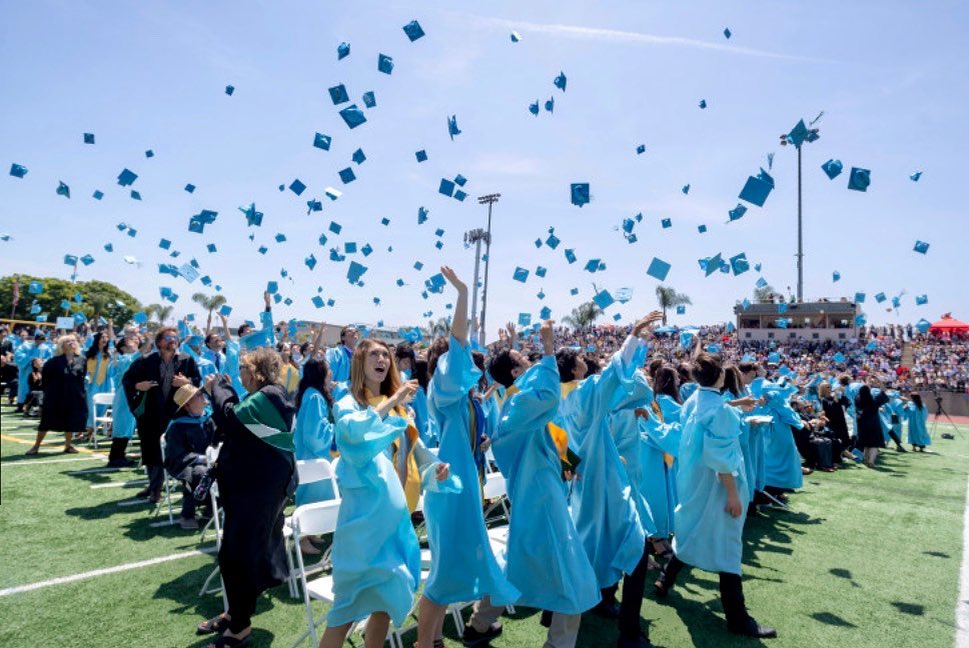 Students Throwing Caps at Graduation from Irvine High School. Photo by Instagram user @ihsvaqueros