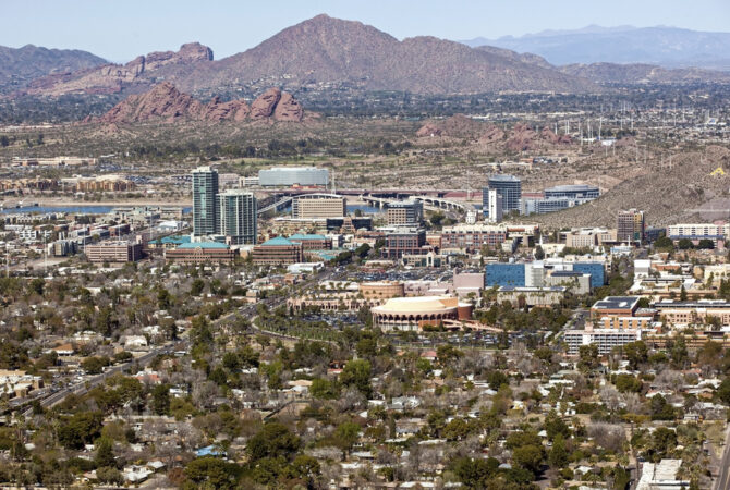 Aerial View of Downtown Tempe with "A" Mountain in the Background