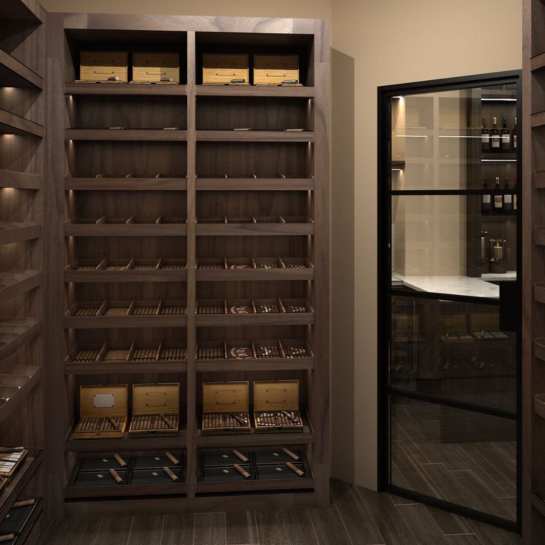 Home Cigar Humidor Room with Cigars on Shelves. Photo by Instagram user @josephandcurtis
