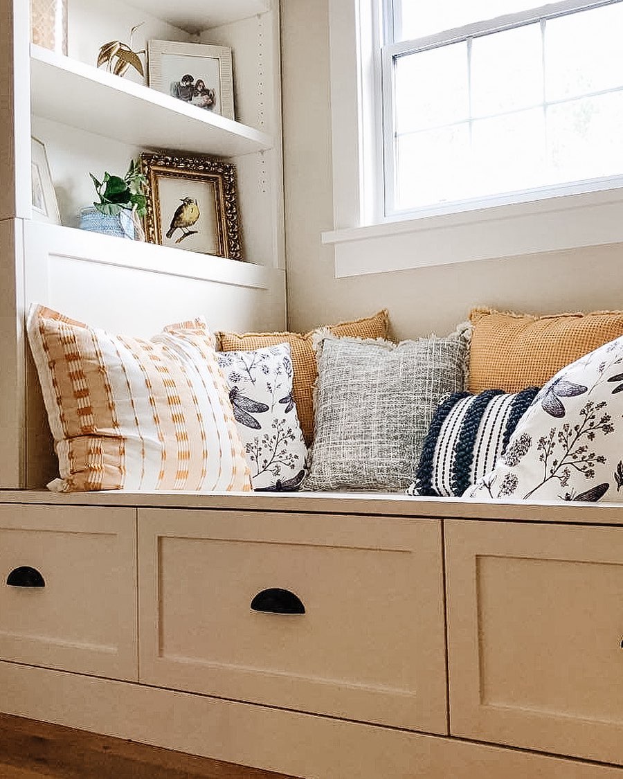 Window Seat Reading Nook with Storage Drawers Built In. Photo by Instagram user @jennifer.johns.129