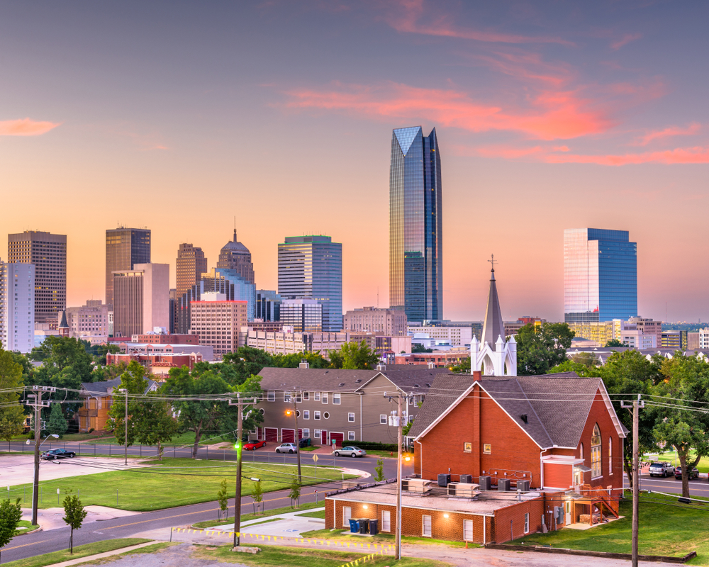 View of Downtown Oklahoma City Skyline at Sunset