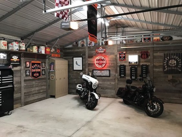 Garage Man Cave with Two Motorcycles Parked. Photo by Instagram user @yourcarcave