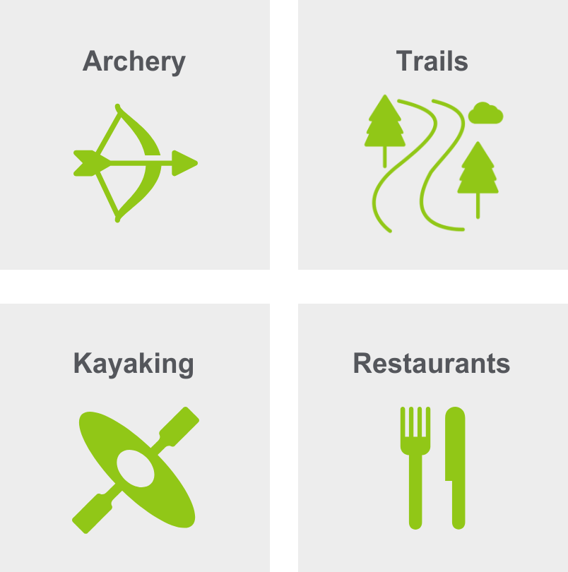 Activities in Centerville include archery, trails, kayaking, and restaurants.