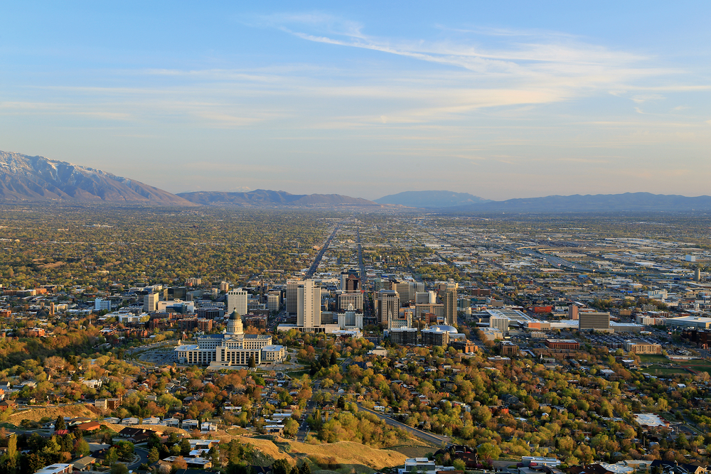 Aerial View of Downtown Salt Lake City at Dusk