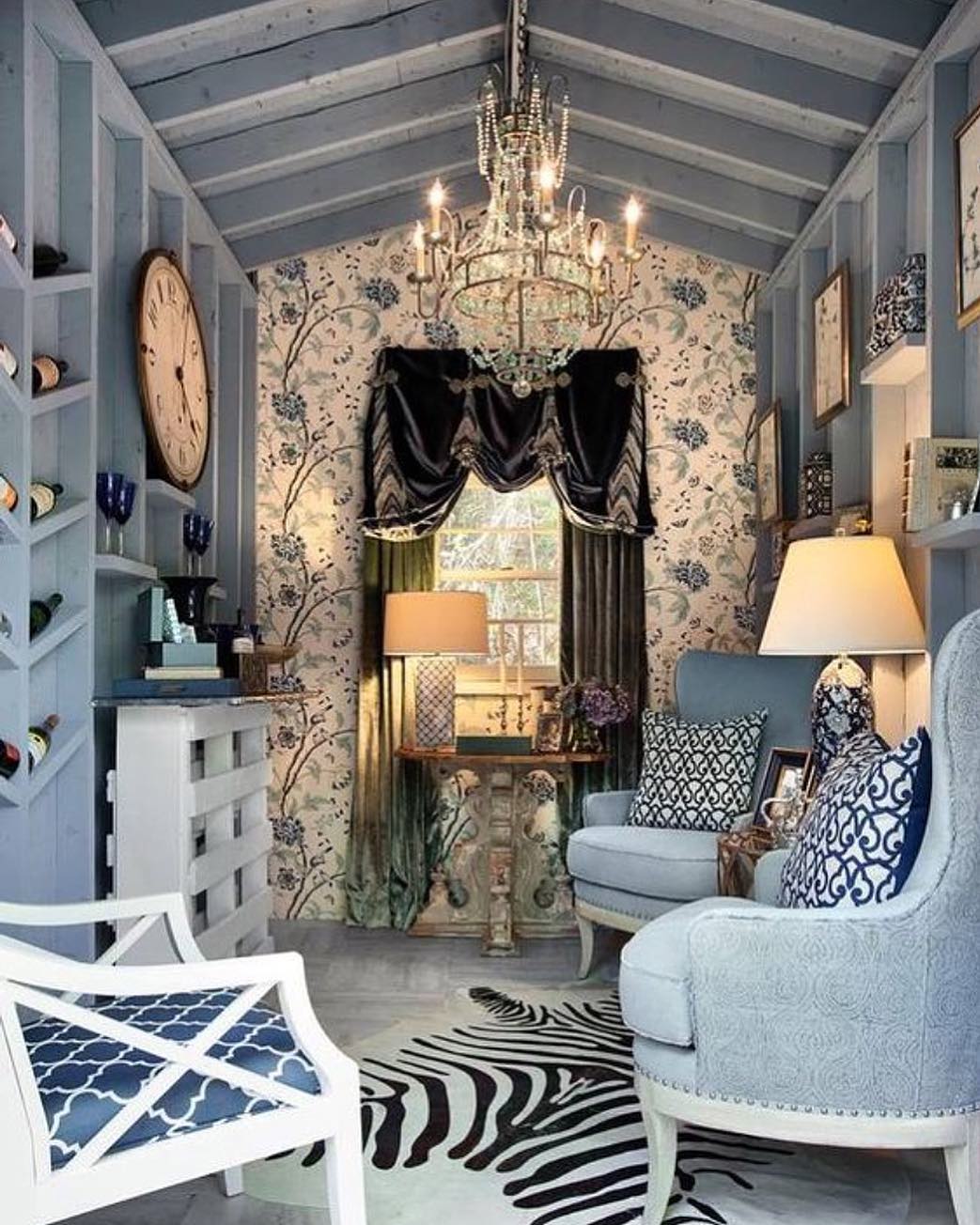 Well Designed She Shed with Chandelier Light. Photo by Instagram user @changesinteriordesign