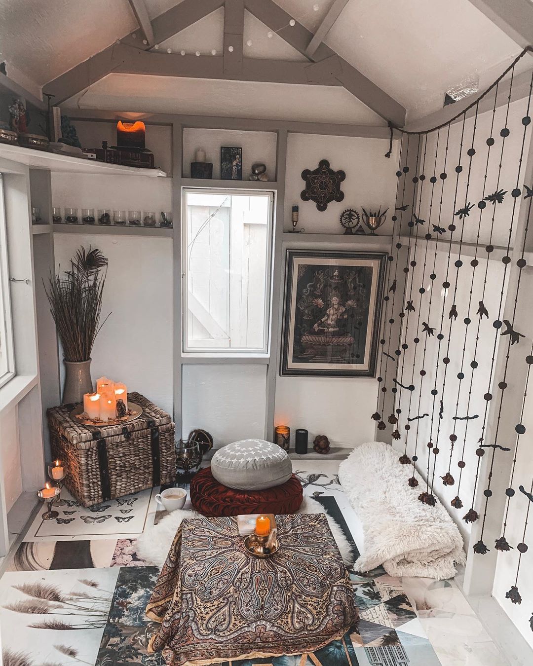 Meditation Room Set Up in a She Shed. Photo by Instagram user @jillian_tremaine