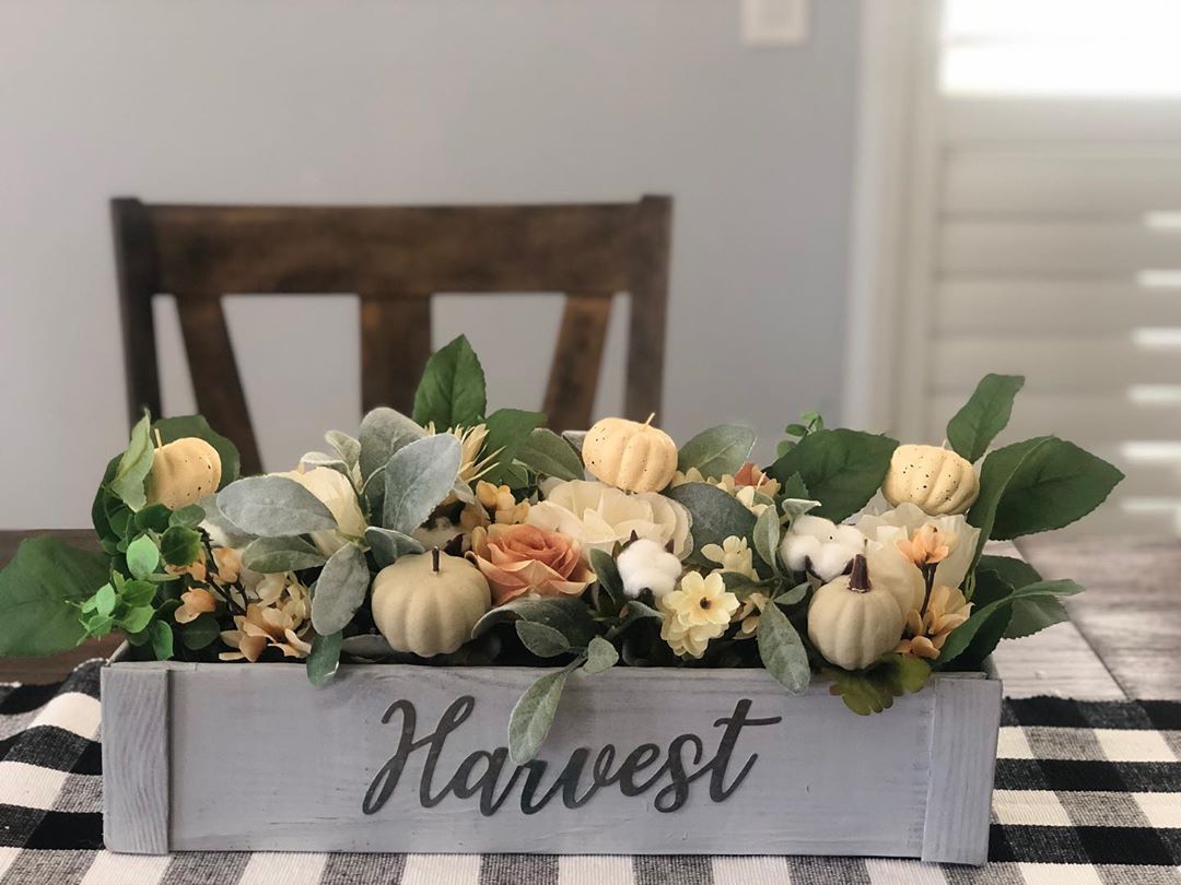 Wooden Centerpiece With Fall Decor. Photo by Instagram user @craftingforcheap