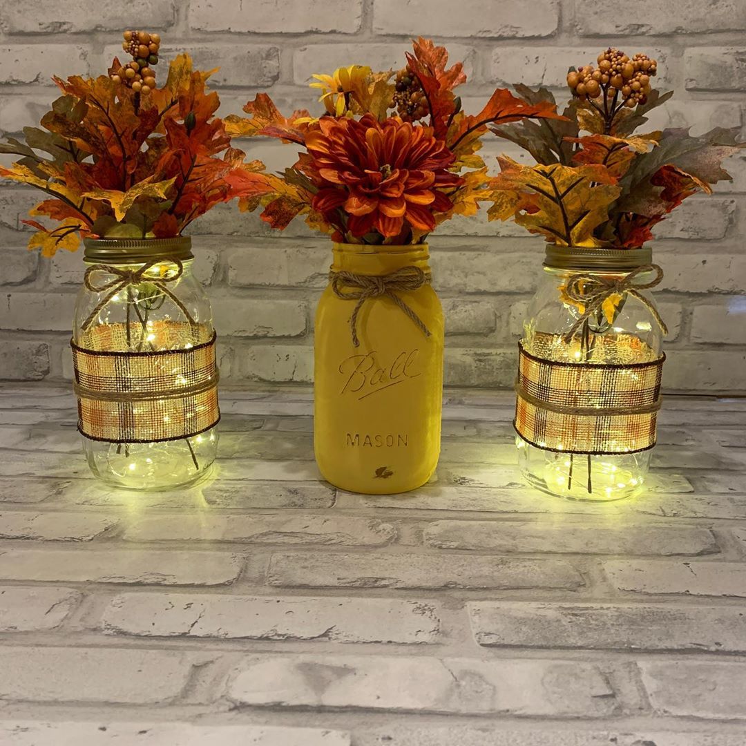 Mason Jars with Small LED Lights with Leaves in Them. Photo by Instagram user @home_decor_arrangements_by_ily