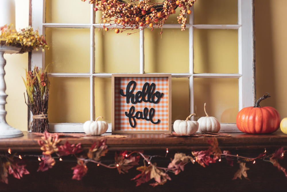 Small Hello Fall Sign on a Fall Themed Table