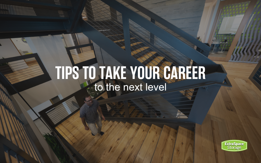 Aerial view of man walking up a staircase with black overlay and text that says "Tips to Take Your Career to the next level"