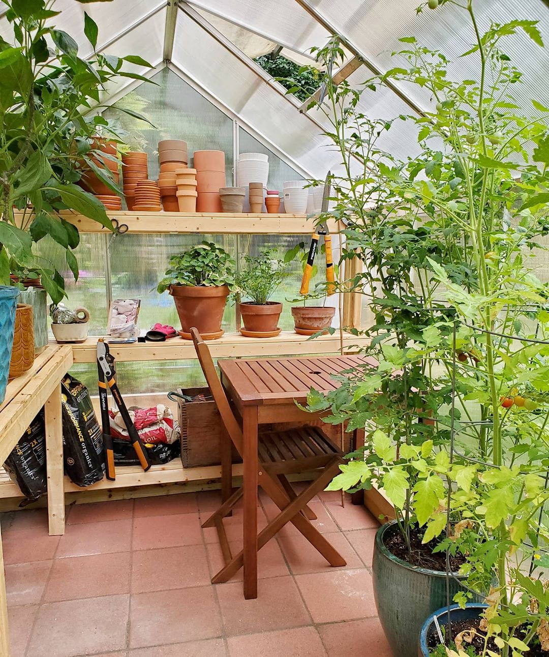 Greenhouse She Shed with Gardening Pots On Shelves. Photo by Instagram user @birthuprising