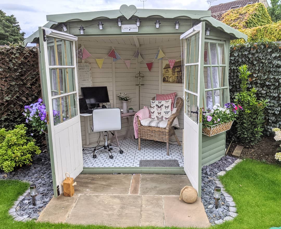 Backyard Office Space in a She Shed with French Doors. Photo by Instagram user @at_home_with_the_wheelers
