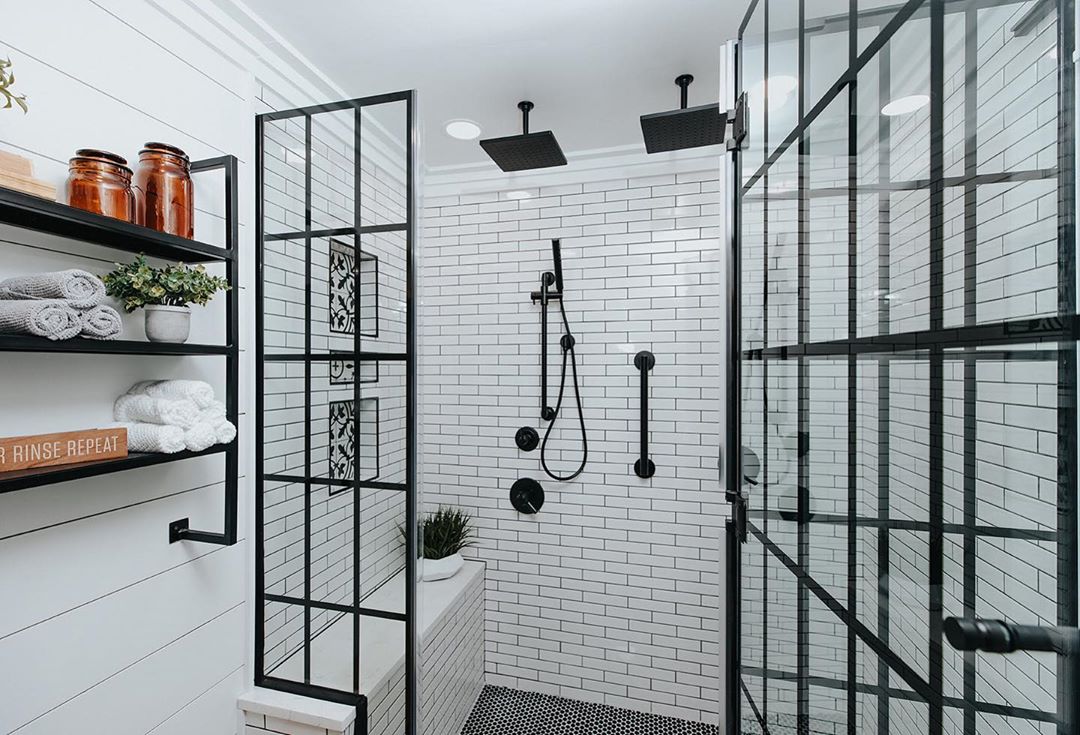 Large Bathroom Shower with Glass Doors and Overhead Showerheads with Subway Tile Walls. Photo by Instagram user @carolinachichome