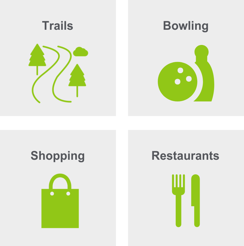Activities in Gahana include trails, bowling, shopping, and restaurants.