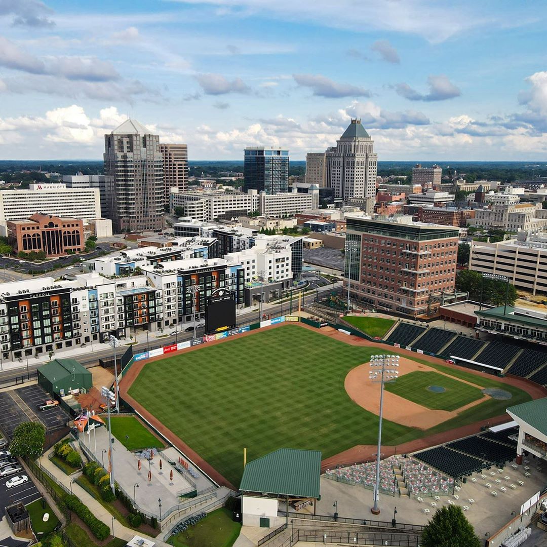 Drone Photo of the Downtown Greensboro Skyline. Photo by Instagram user @chuckjohnson