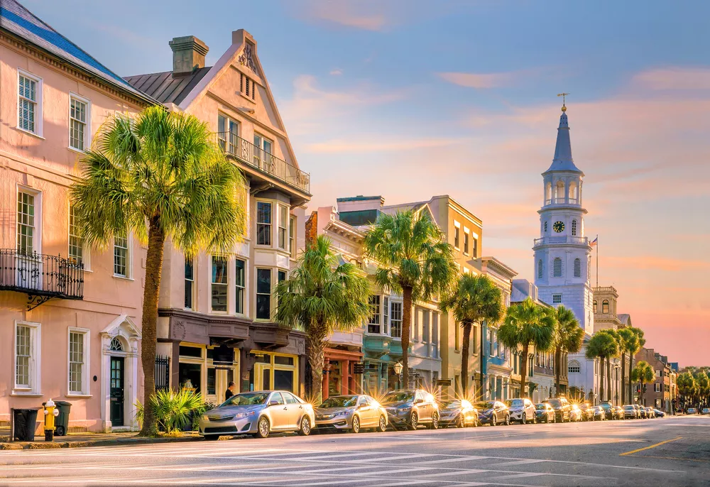 Street side view of downtown Charleston at dusk