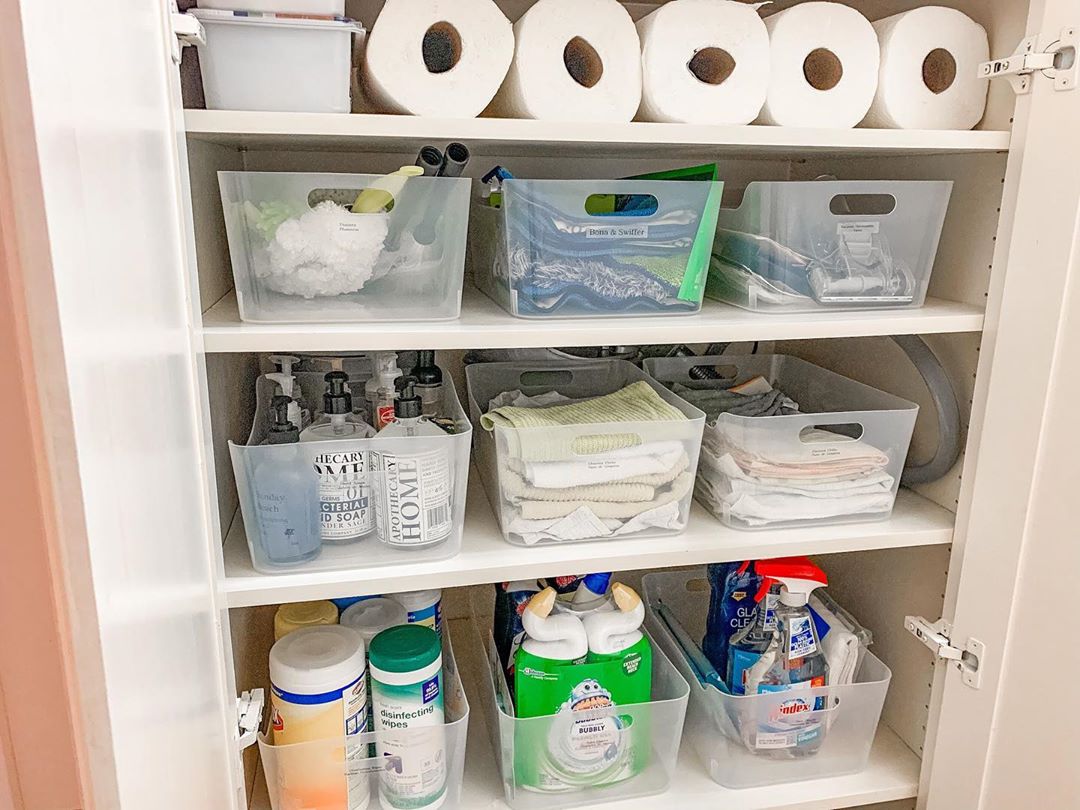 Bathroom Linen Closet Filled with Supplies. Photo by Instagram user @lizhollemanorganizingsolutions
